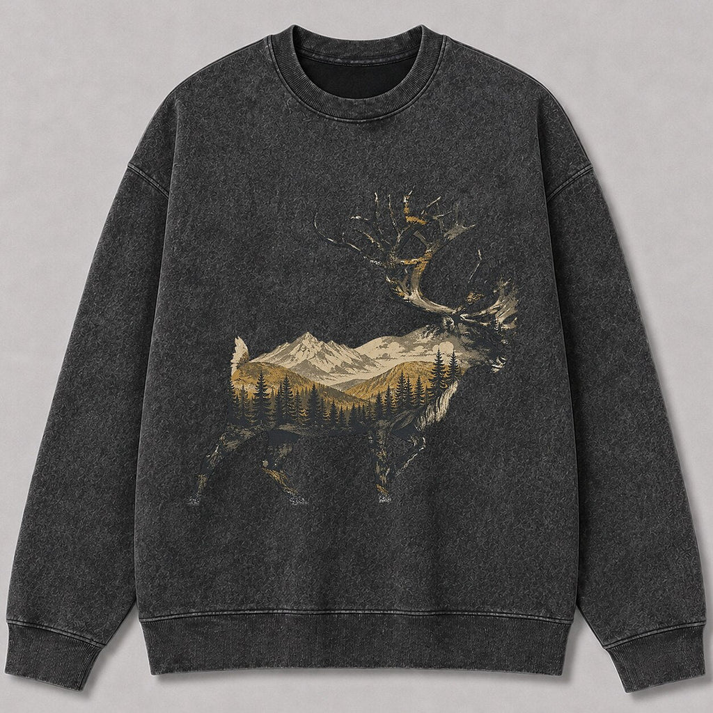 Washed Running Caribou Mountain Hunting Crewneck Sweatshirt for Men - lifestyle product view