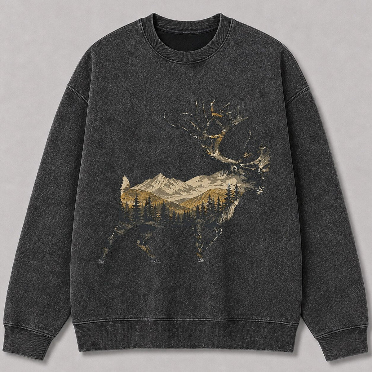 Washed Running Caribou Mountain Hunting Crewneck Sweatshirt for Men - lifestyle product view