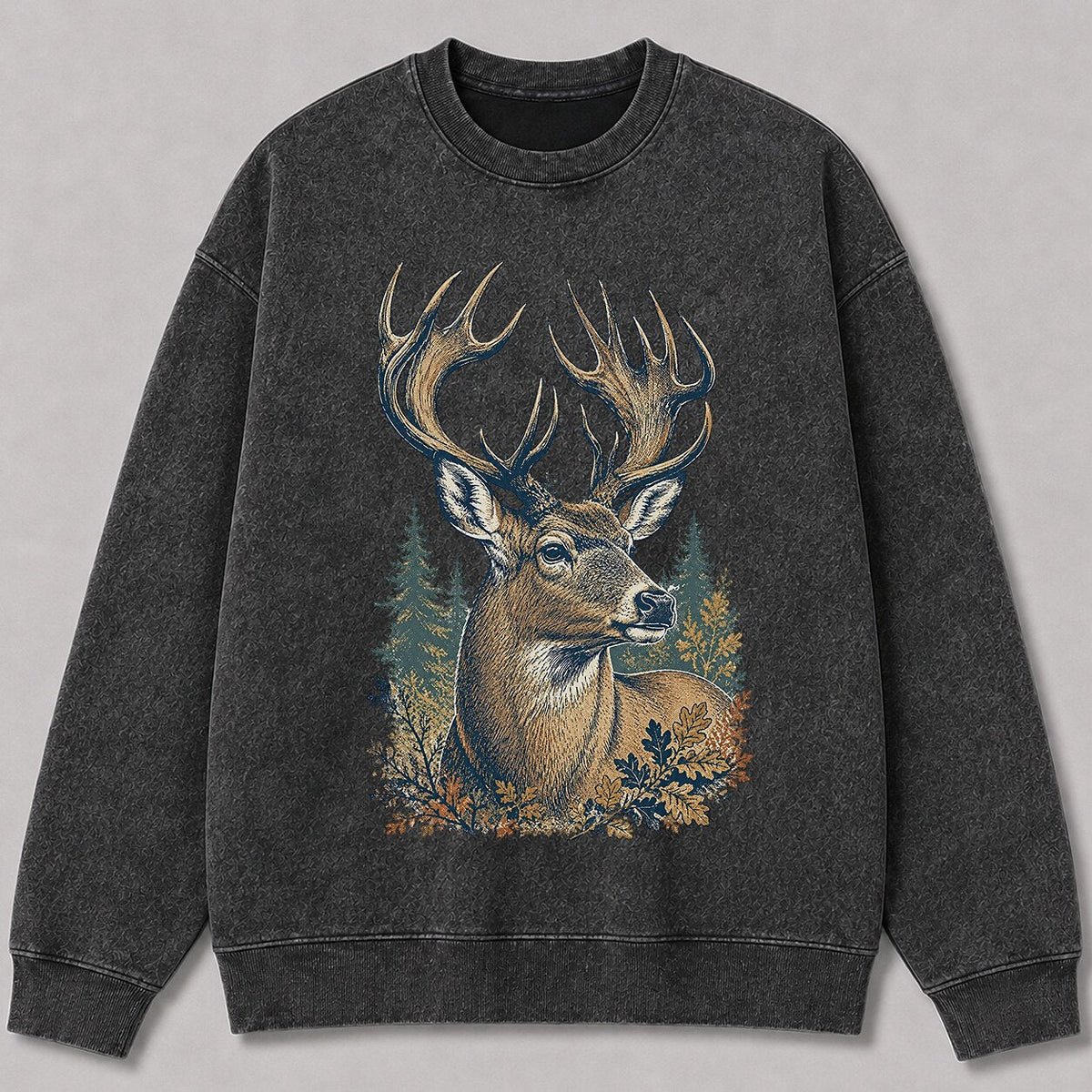 Washed Trophy Whitetail Buck Hunting Crewneck Sweatshirt for Men - front product view
