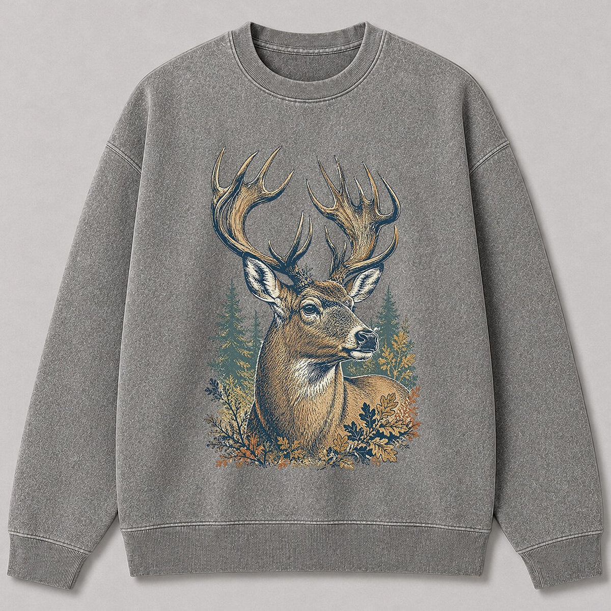 Washed Trophy Whitetail Buck Hunting Crewneck Sweatshirt for Men - lifestyle product view