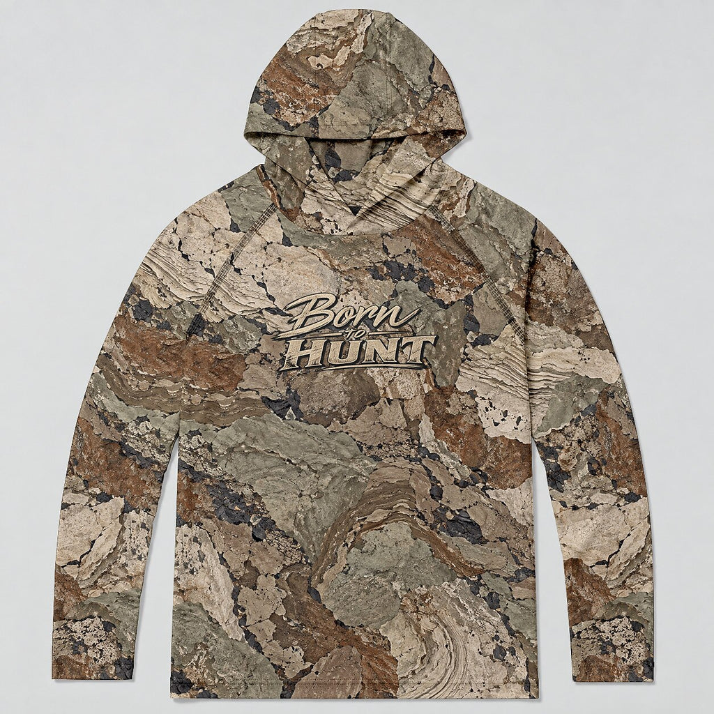 UPF 50+ Born to Hunt Rocky Terrain Camo Sun Hoodie