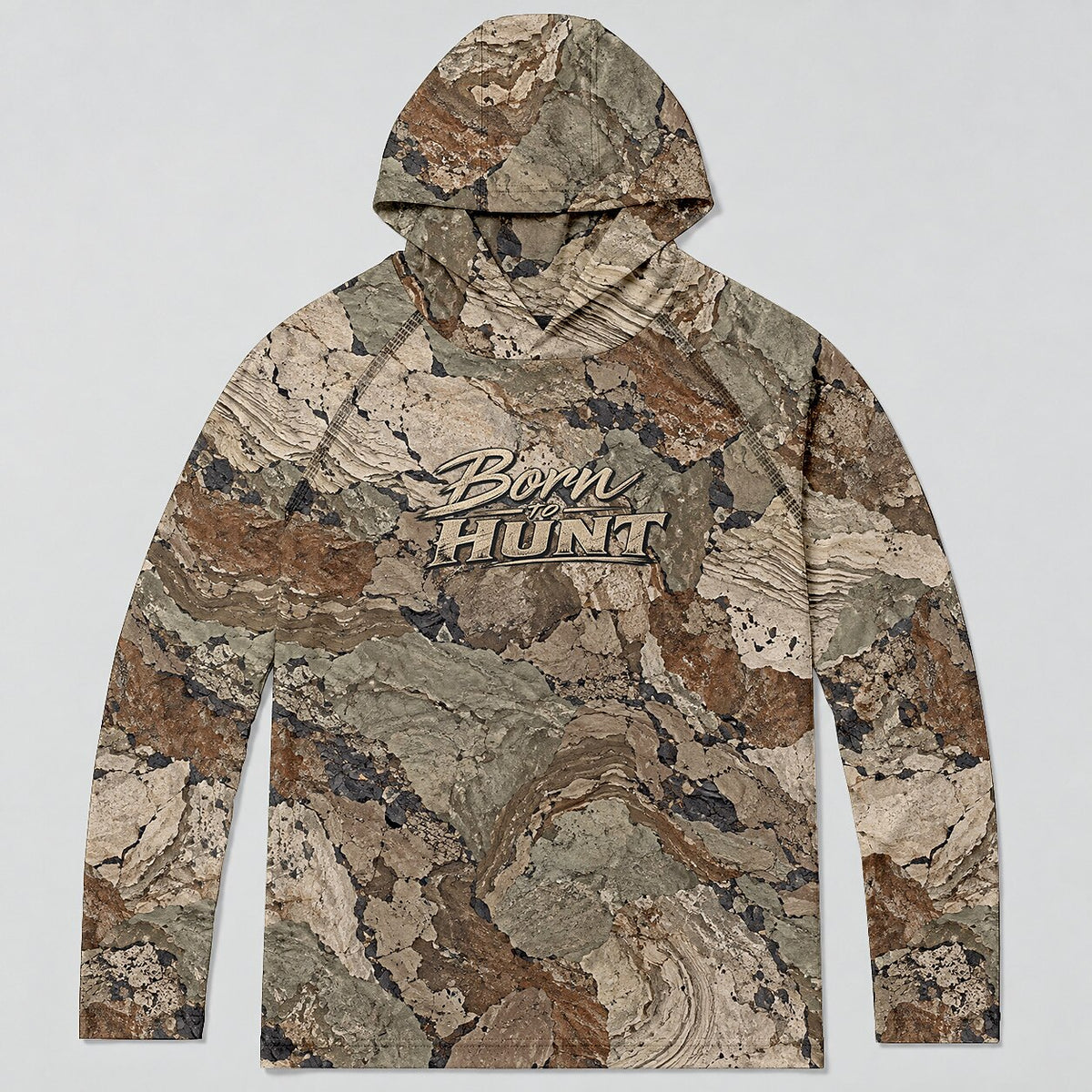 UPF 50+ Born to Hunt Rocky Terrain Camo Sun Hoodie