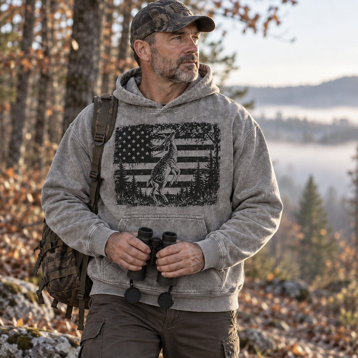 Washed Whitetail Deer American Flag Hunting Hoodie