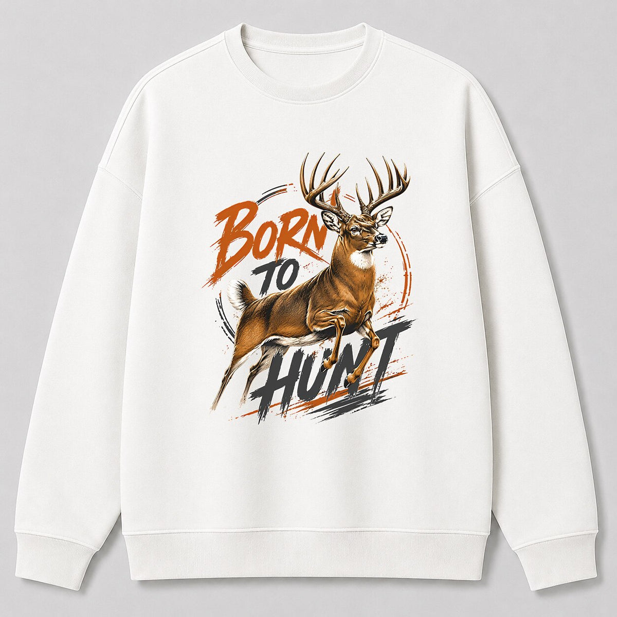 Whitetail Deer Hunting Crewneck Sweatshirt for Men — black front view with printed graphic