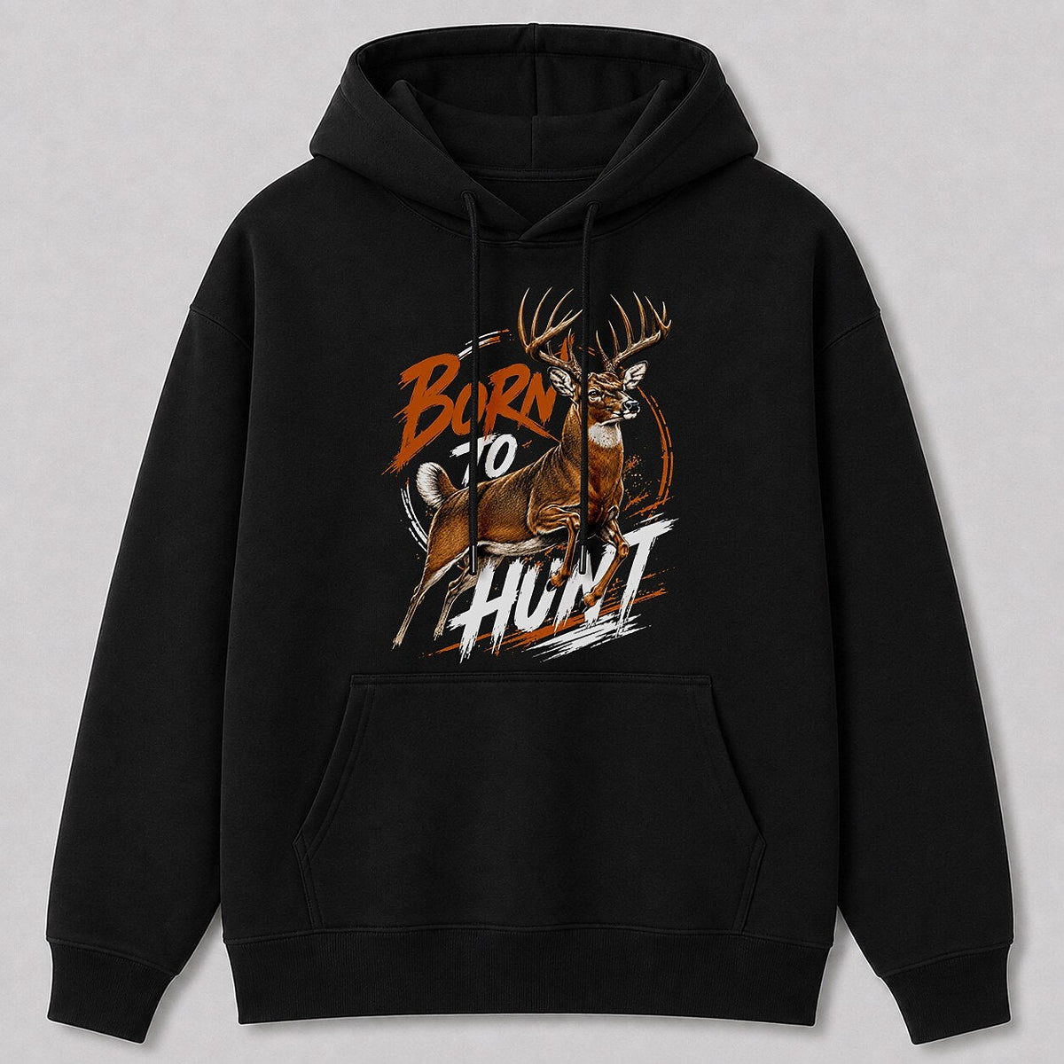 Whitetail Deer Hunting Hoodie for Men — black front view with printed graphic