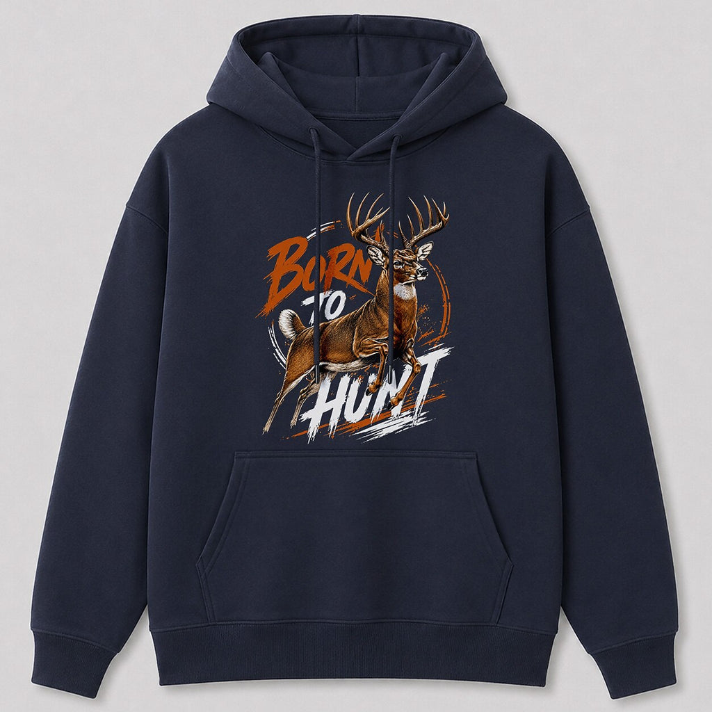 Whitetail Deer Hunting Hoodie for Men — navy front view with printed graphic