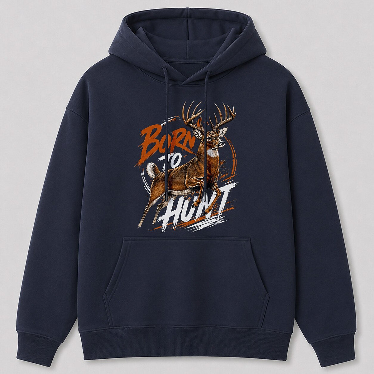Whitetail Deer Hunting Hoodie for Men — navy front view with printed graphic