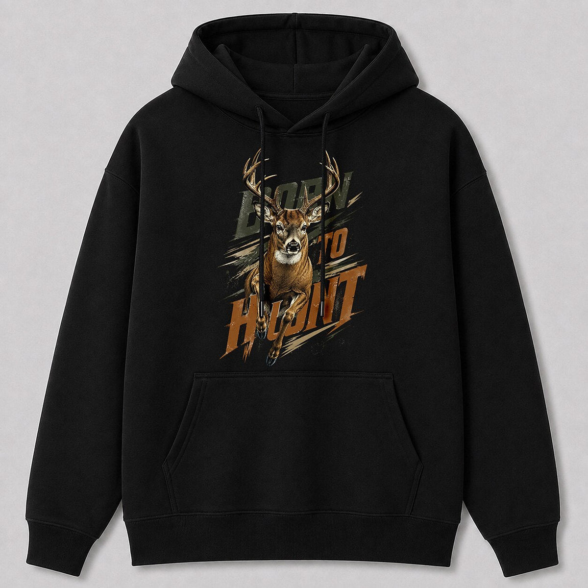 Whitetail Deer Hunting Hoodie - Rugged Woodsman — black front view with printed graphic
