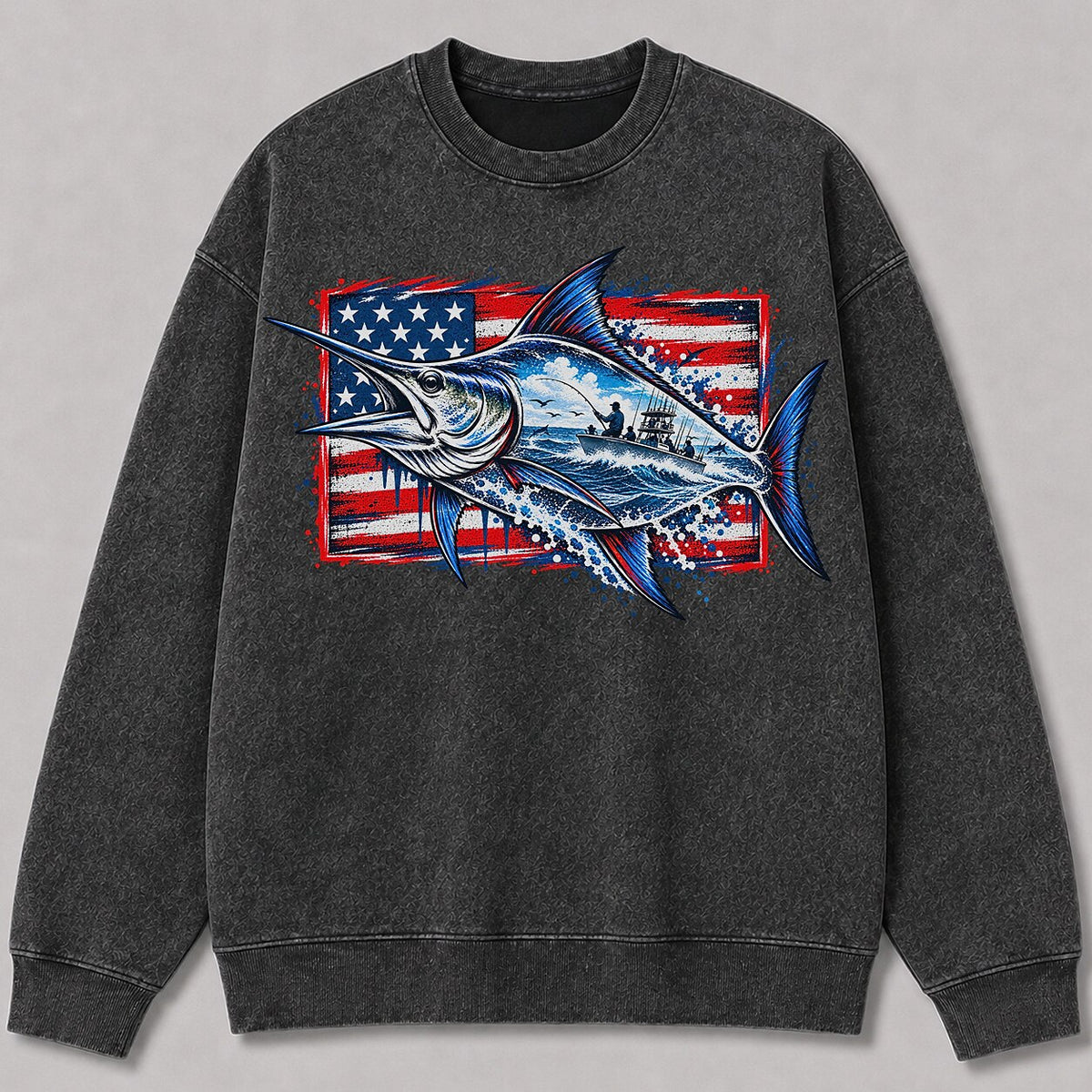 Washed American Flag Marlin Fishing Sweatshirt Graphic