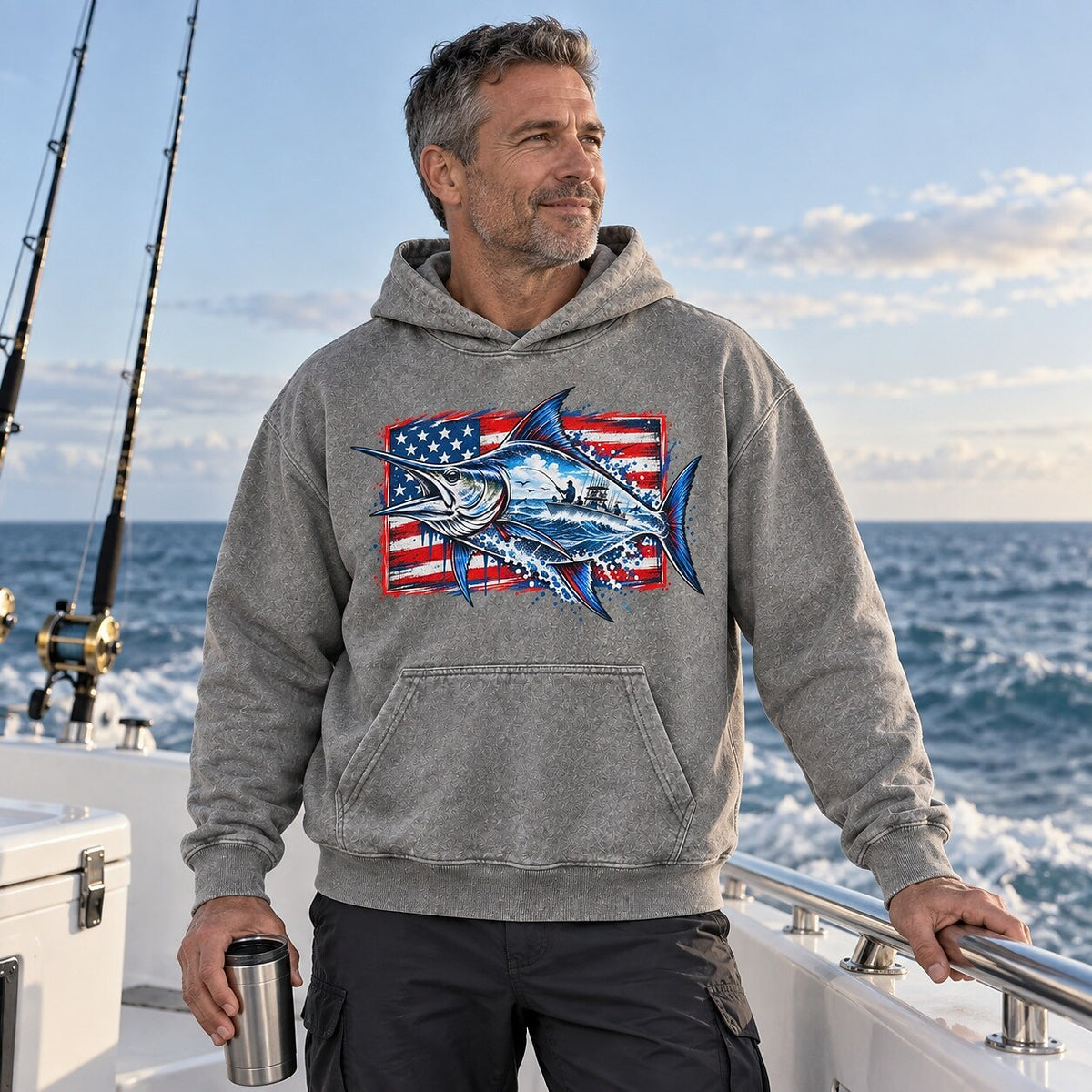 Washed Marlin Offshore Sportfishing Boat Graphic Hoodie