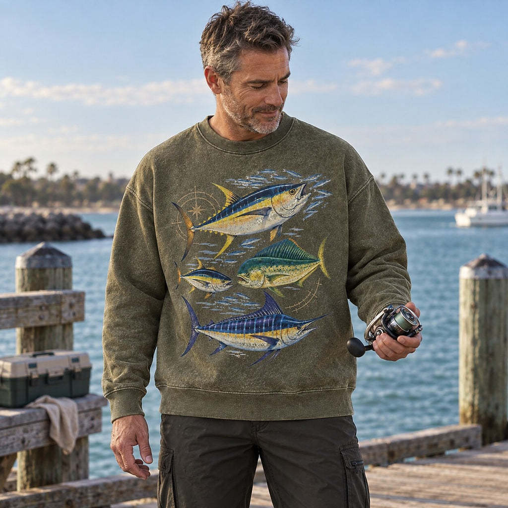 Washed Tuna Mahi Mahi Marlin Fishing Graphic Sweatshirt