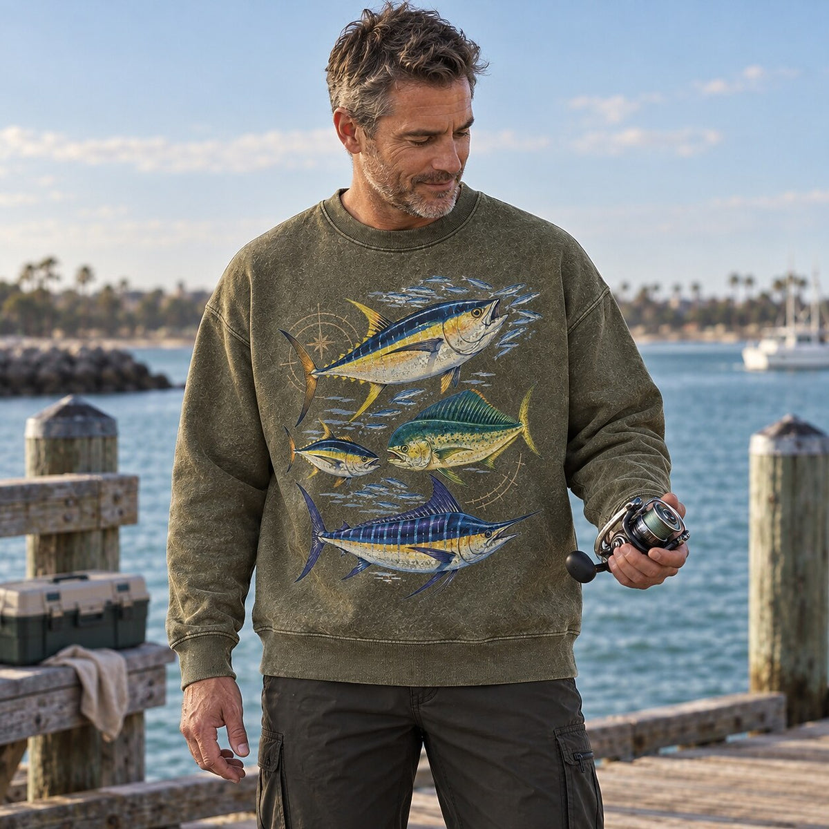 Washed Tuna Mahi Mahi Marlin Fishing Graphic Sweatshirt