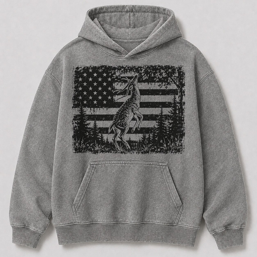 Washed Whitetail Deer American Flag Hunting Hoodie