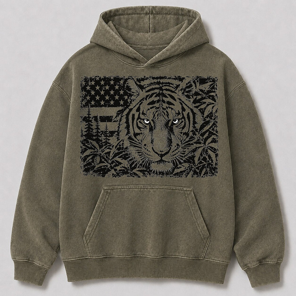 Washed Tiger Jungle Wildlife Hunting Graphic Hoodie
