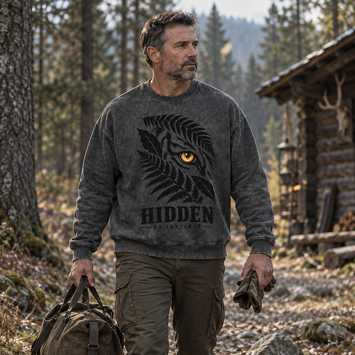 Washed Hidden Tiger Fern Jungle Wildlife Graphic Sweatshirt