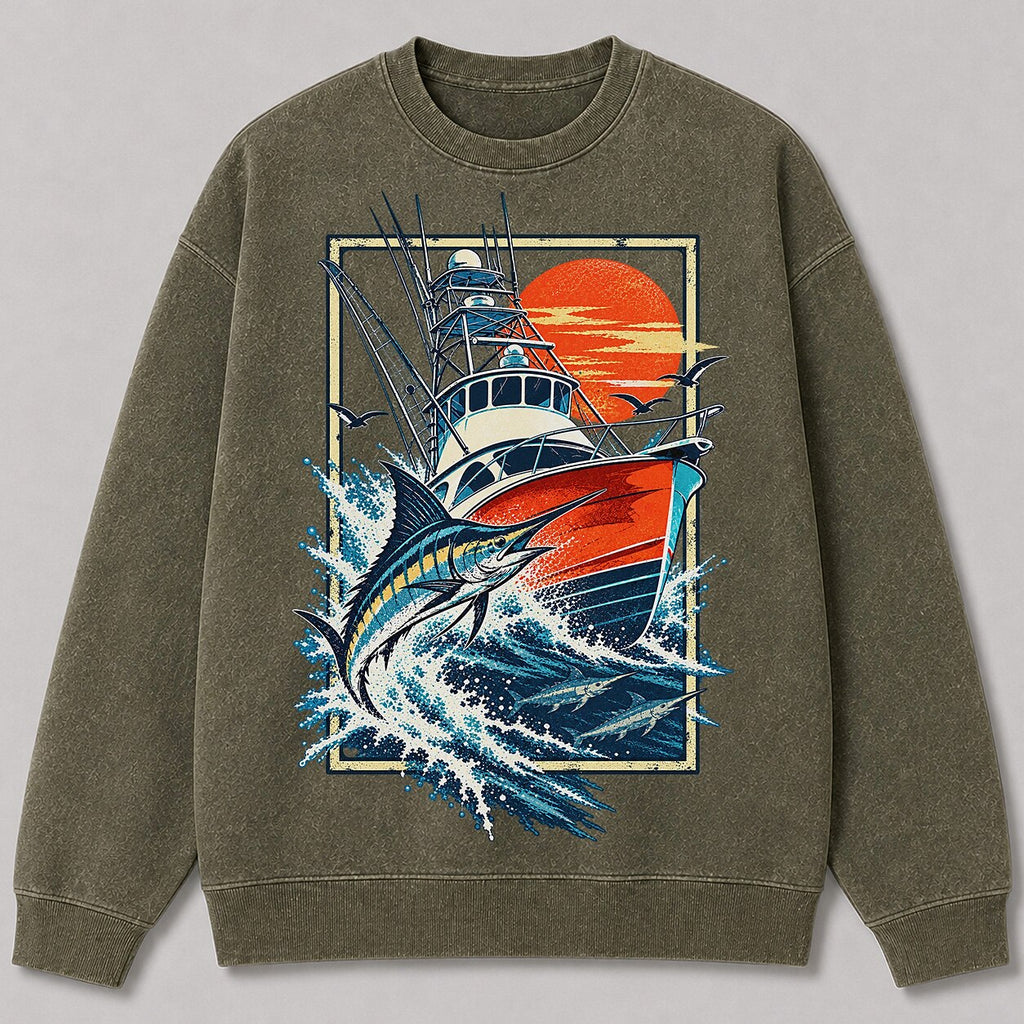 Washed Marlin Fishing Boat Coastal Sweatshirt Graphic