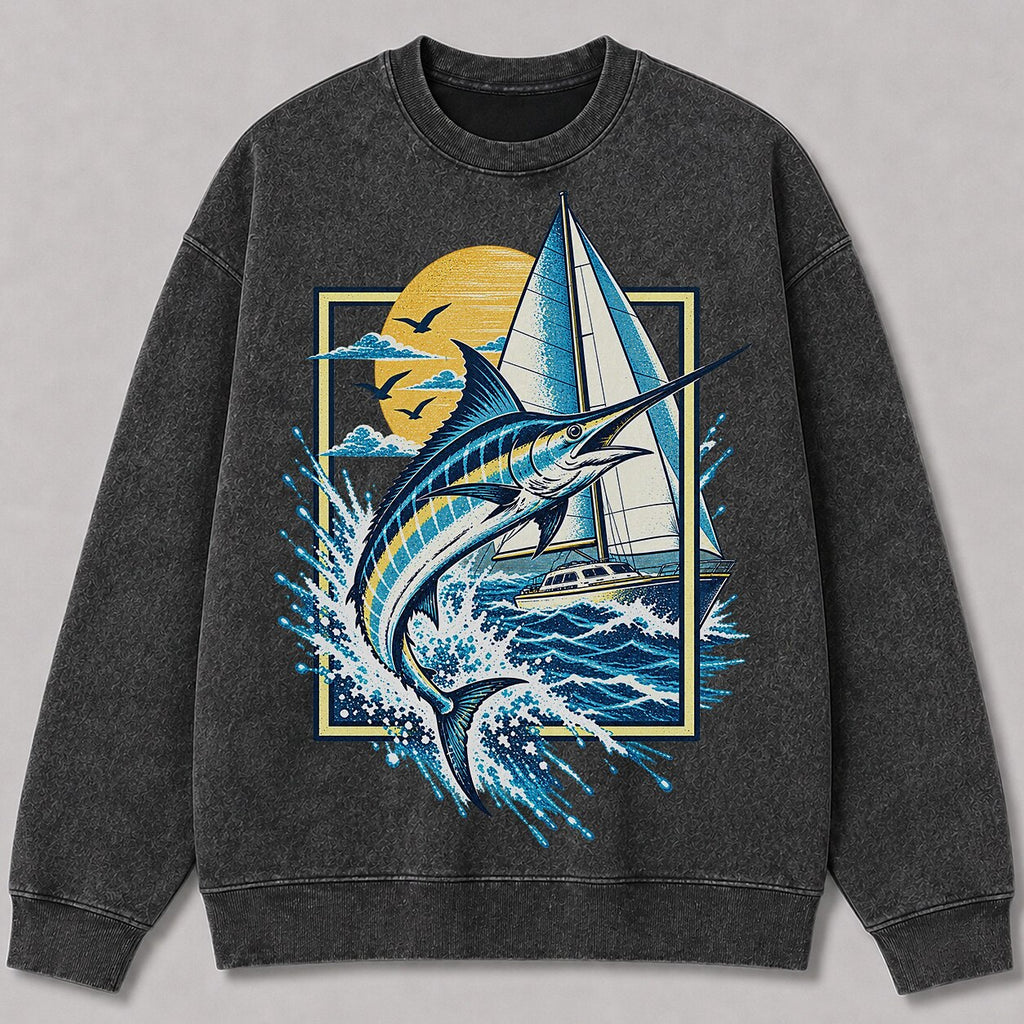 Washed Sailboat Marlin Coastal Fishing Sweatshirt Graphic