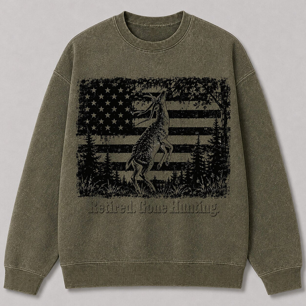 Washed American Flag Rearing Whitetail Deer Hunting Sweatshirt