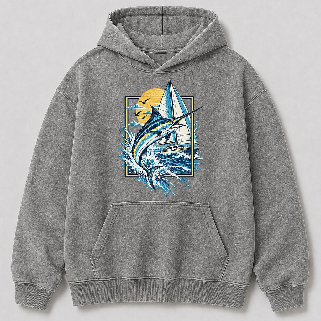 Washed Marlin Sailboat Coastal Fishing Graphic Hoodie