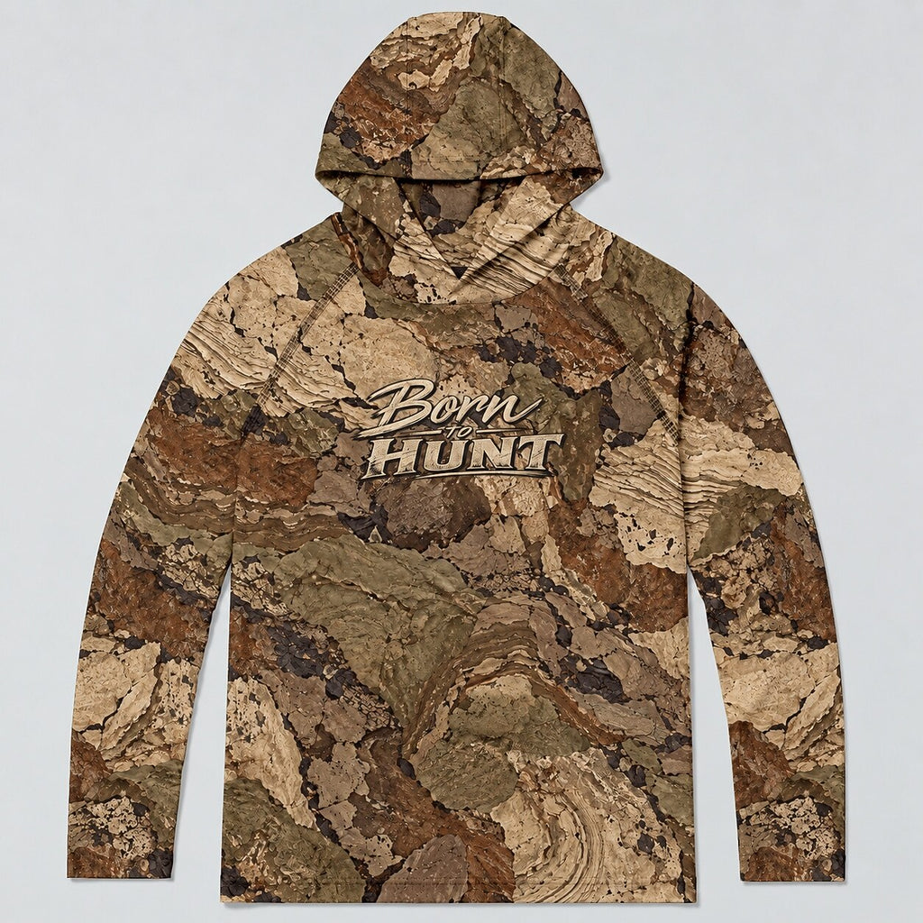 UPF 50+ Born to Hunt Rocky Terrain Camo Sun Hoodie