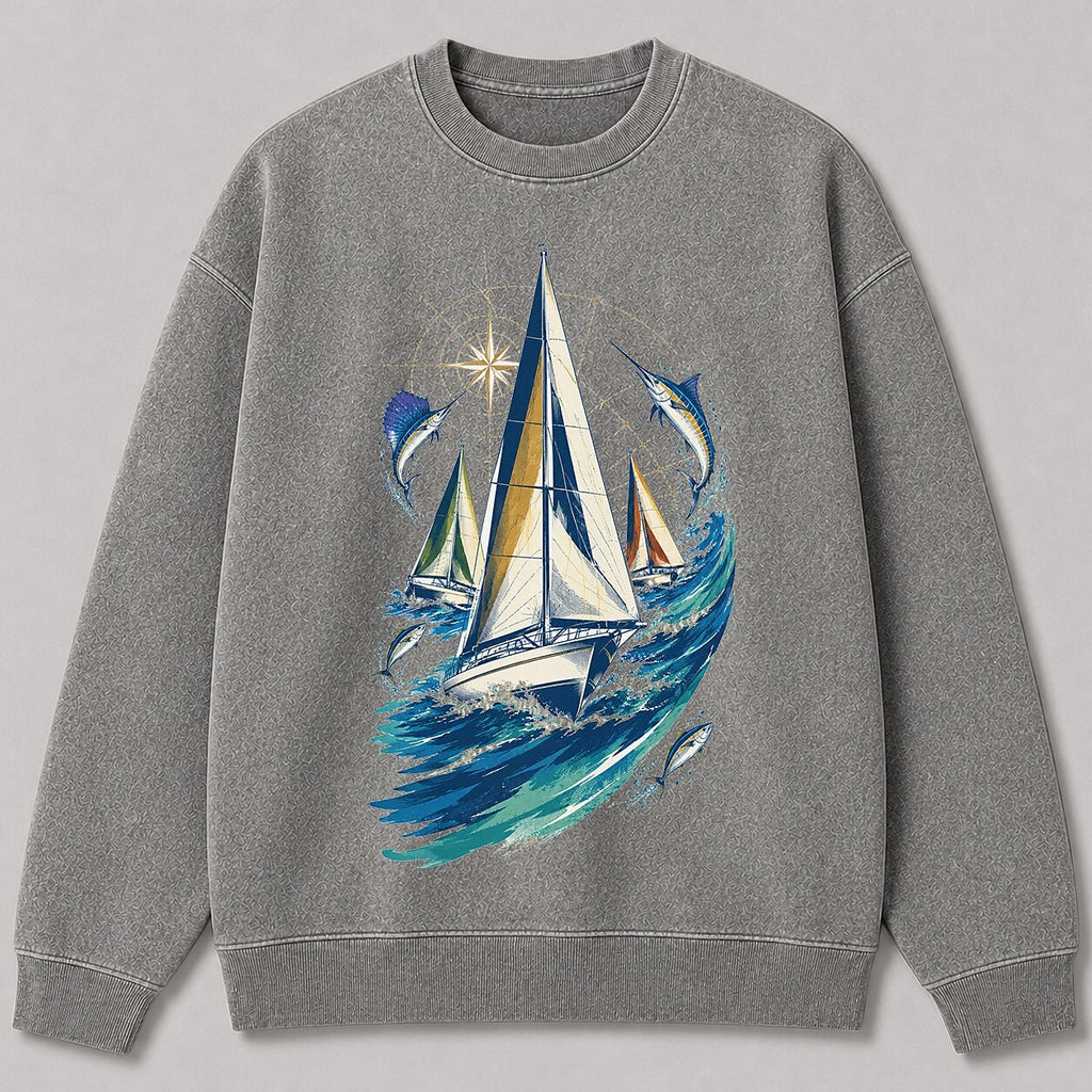 Washed Sailboat Marlin Offshore Fishing Graphic Sweatshirt
