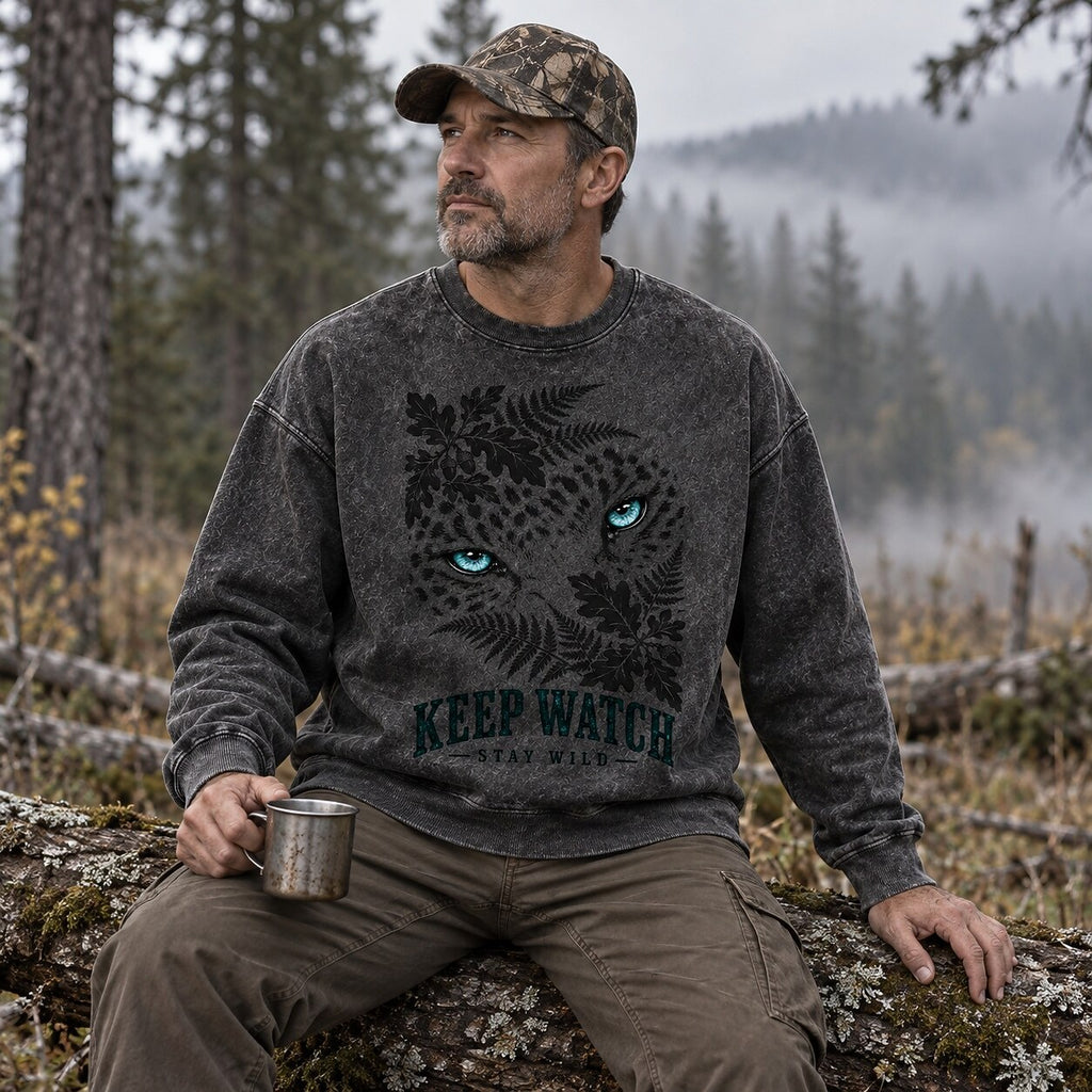 Washed Leopard Oak Leaf Forest Wildlife Graphic Sweatshirt
