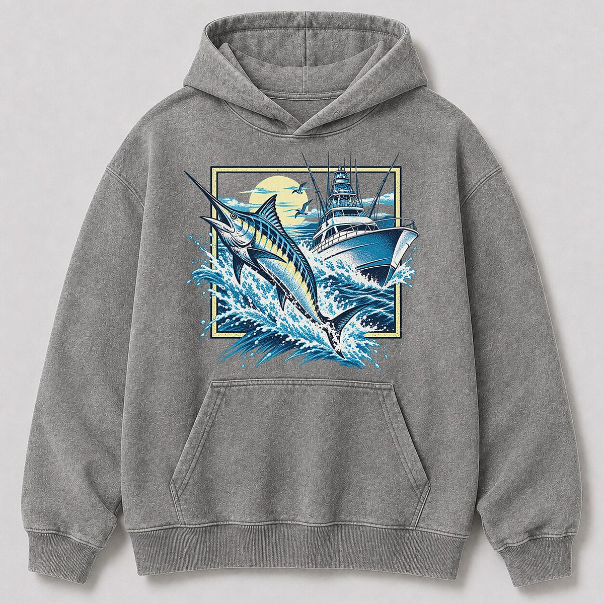 Washed Marlin Lighthouse Coastal Fishing Graphic Hoodie