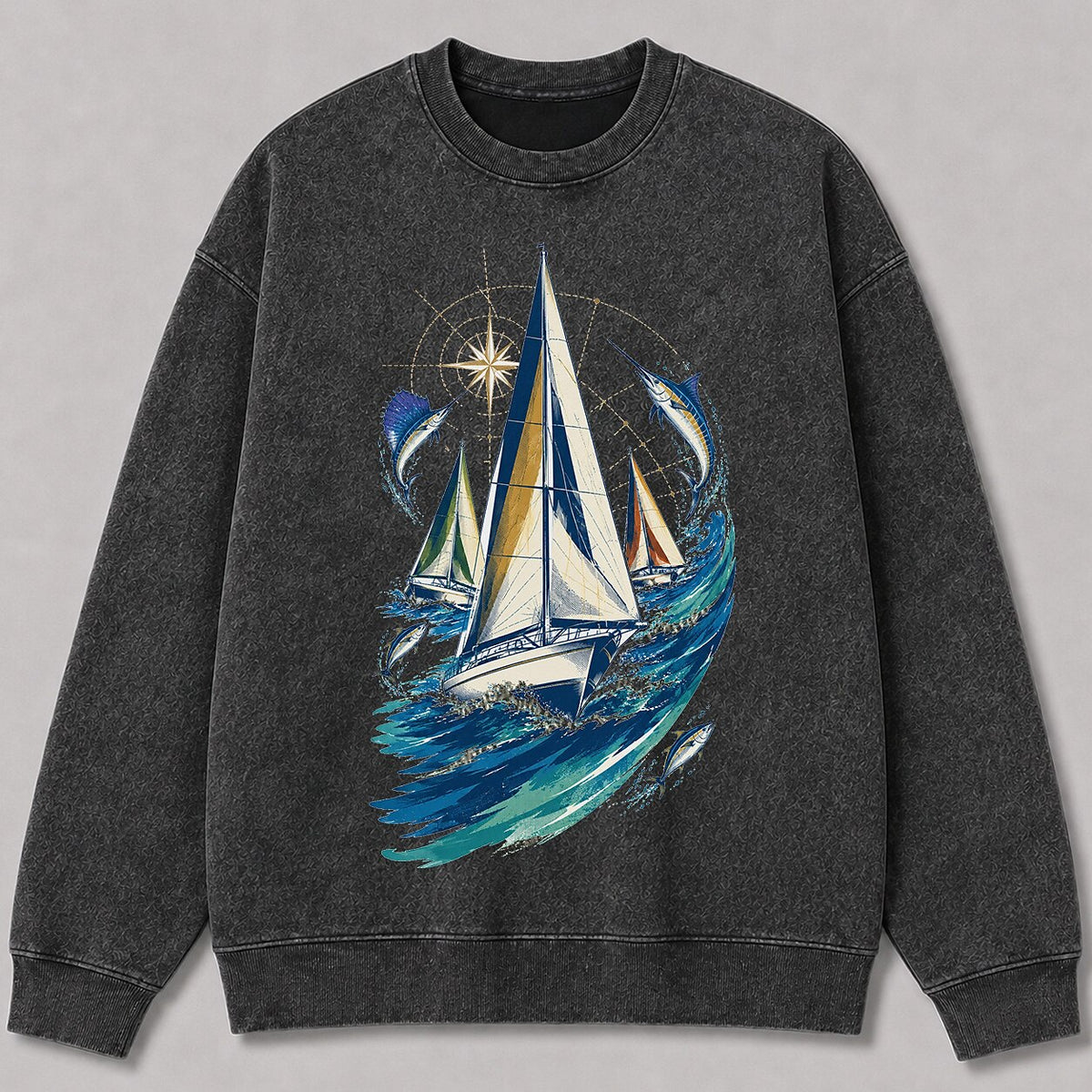 Washed Sailboat Marlin Offshore Fishing Graphic Sweatshirt